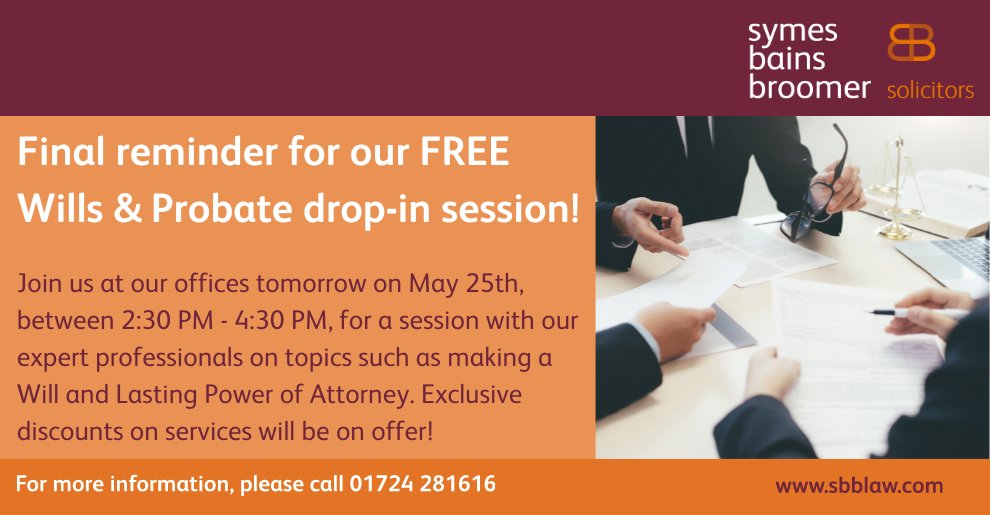 This is a final reminder for our exclusive Wills and Probate drop-in session tomorrow - 25th of May!

Come and visit either our offices any time between 2:30 PM - 4:30 PM for a session with our experienced legal experts.

#willsandprobate #makeawill