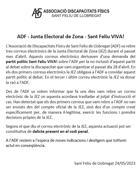 AdfSfeliu's tweet photo. COMUNICAT Associació de Discapacitats Físics de Sant Feliu de Llobregat (@AdfSfeliu ) @fetasantfeliu @Radio_SantFeliu https://t.co/CC0WOvdUFt