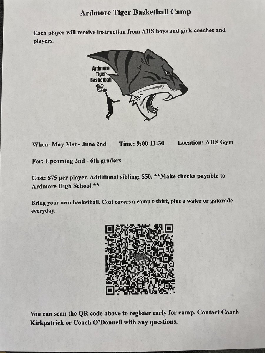 Get signed up for our kids camp! We are one week away! #ArdmoreHoops #Family 🐅🏀🐅🏀