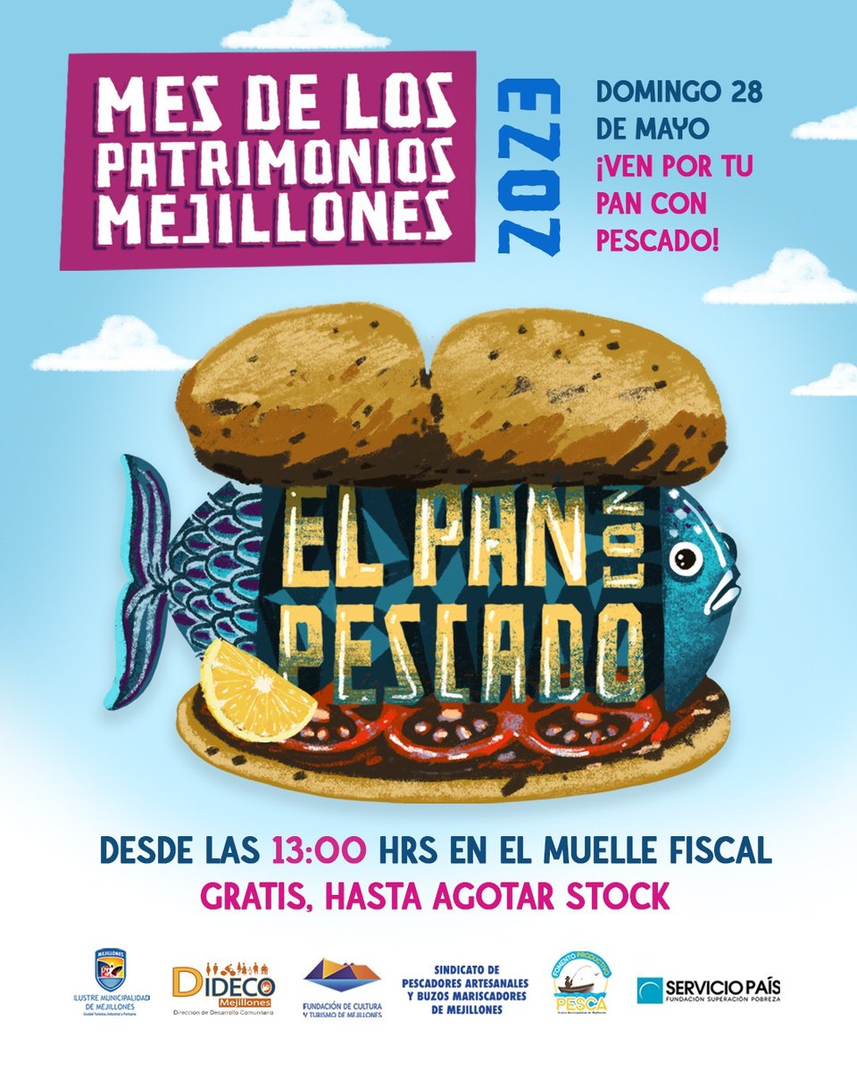 Atención Mejillones, los invitamos a participar de la actividad El Pan con Pescado, que se realizará este Domingo 28 de mayo a las 13:00 hrs en el Muelle Fiscal, disfrute gratis hasta agotar stock esta preparación tradicional que es parte del patrimonio cultural de nuestra bahía