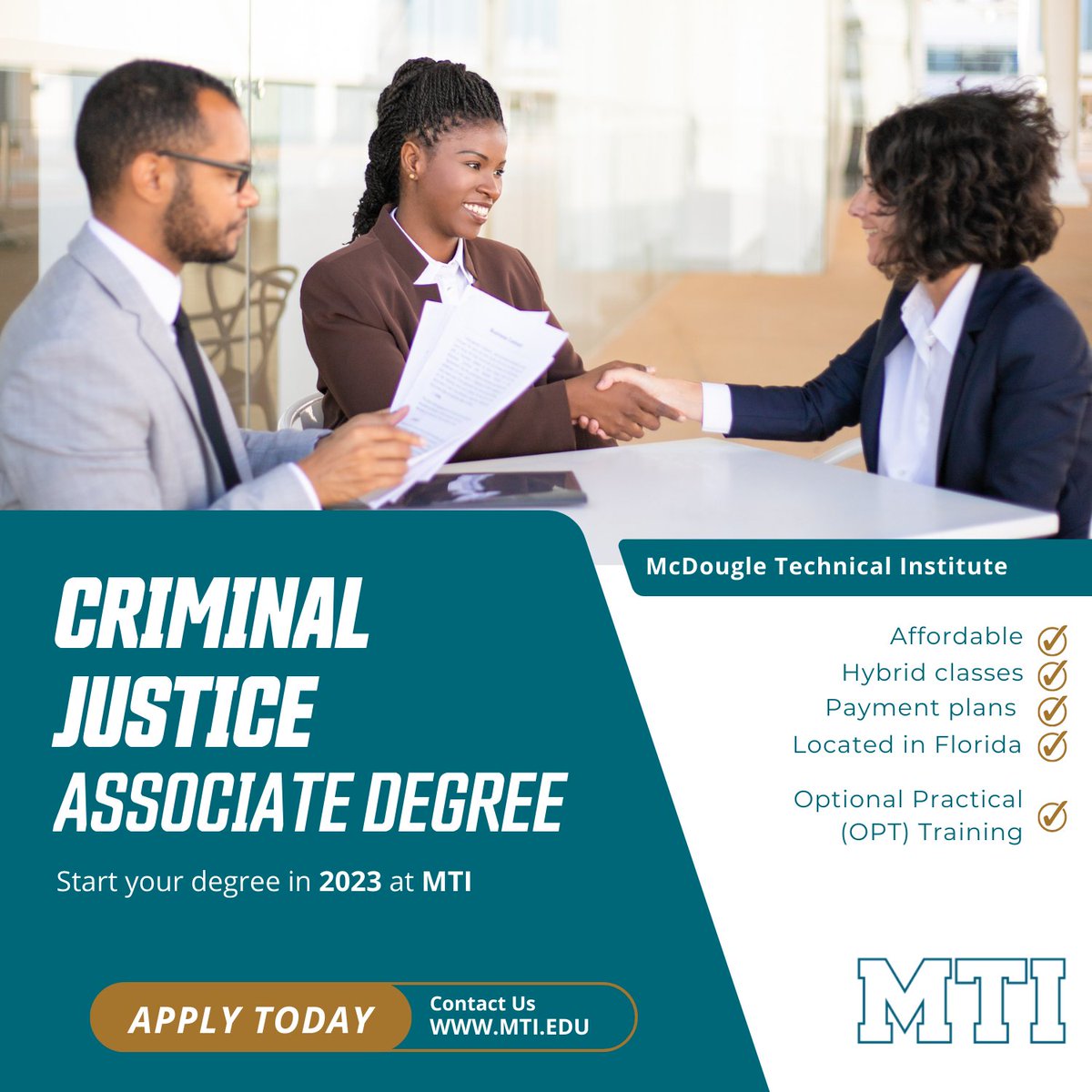 The ASc. in Criminal Justice degree at MTI is designed to help provide students with an applicable foundation of fundamental criminal justice knowledge and skills, so students can prepare to pursue a variety of front-line positions.

Visit mti.edu/criminal-justi… to learn more.