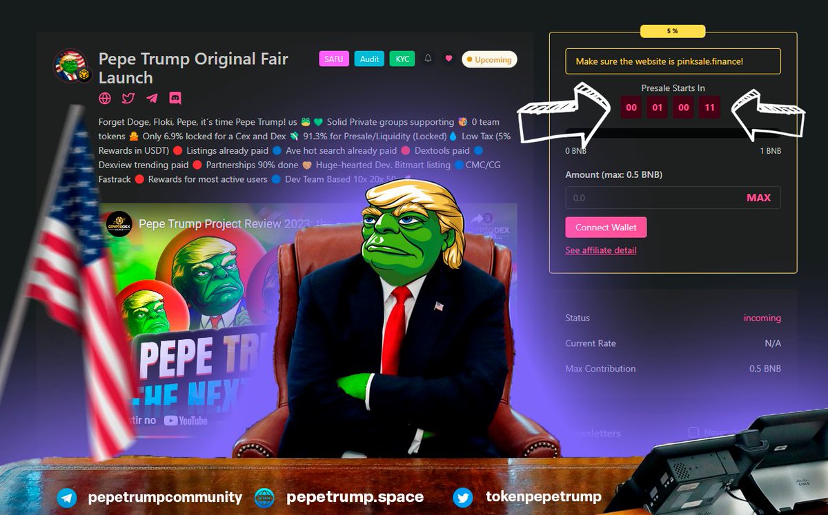 🇺🇸My voters are looking forward to the start of the presale!

🐸Pepe Trump is 🟣SAFU | 🟢KYC | 🔵 AUDIT

Only 1 hour left for the start of the republican revolution!

Presale: pinksale.finance/launchpad/0xcb…

#PepeTrump #Pepe #MemeCoinSeason