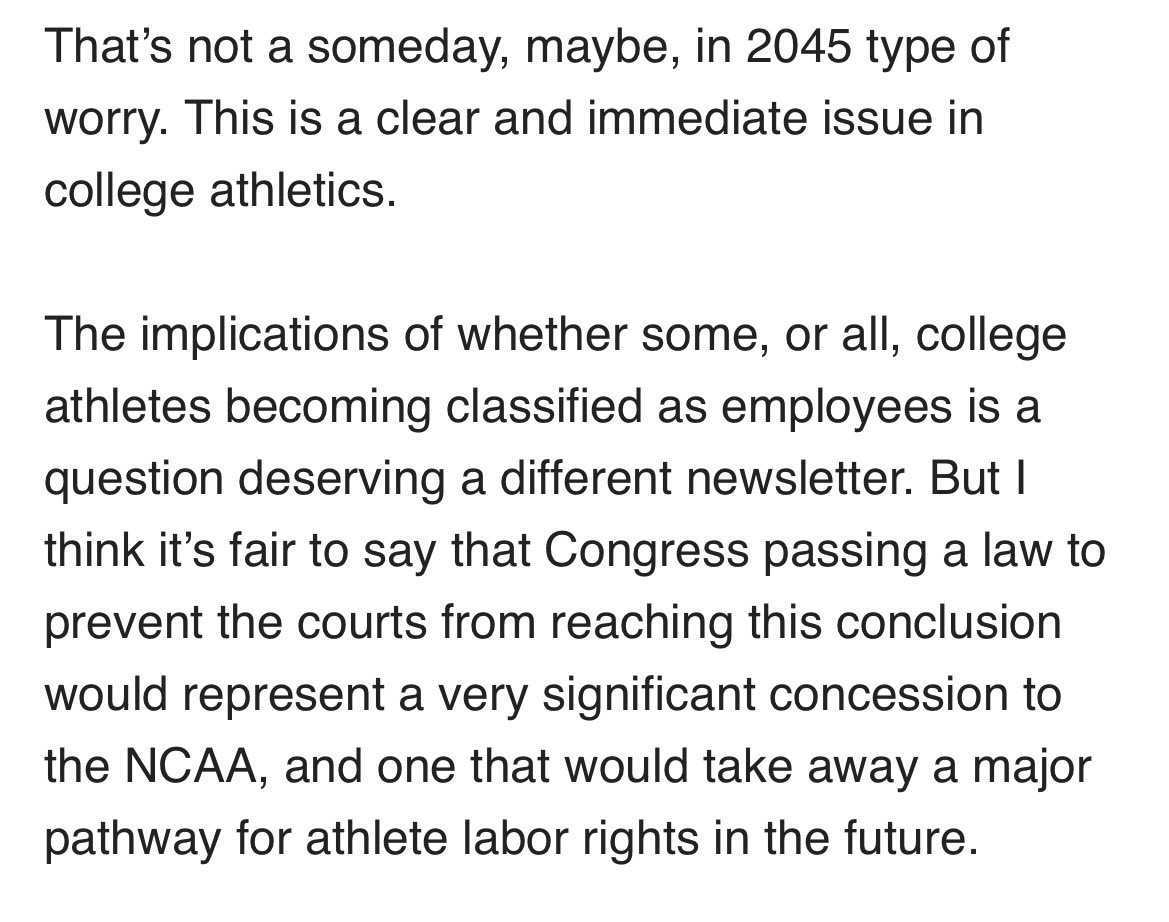 WinterSportsLaw's tweet photo. In these few paragraphs, Matt gets to THE biggest current issue with college sports.

The NCAA and others want to treat college athletes as employees.

But they want to deny them the ability to be employees and to have the rights that go along with that.

Can’t have it both ways. https://t.co/J681lKrmx8