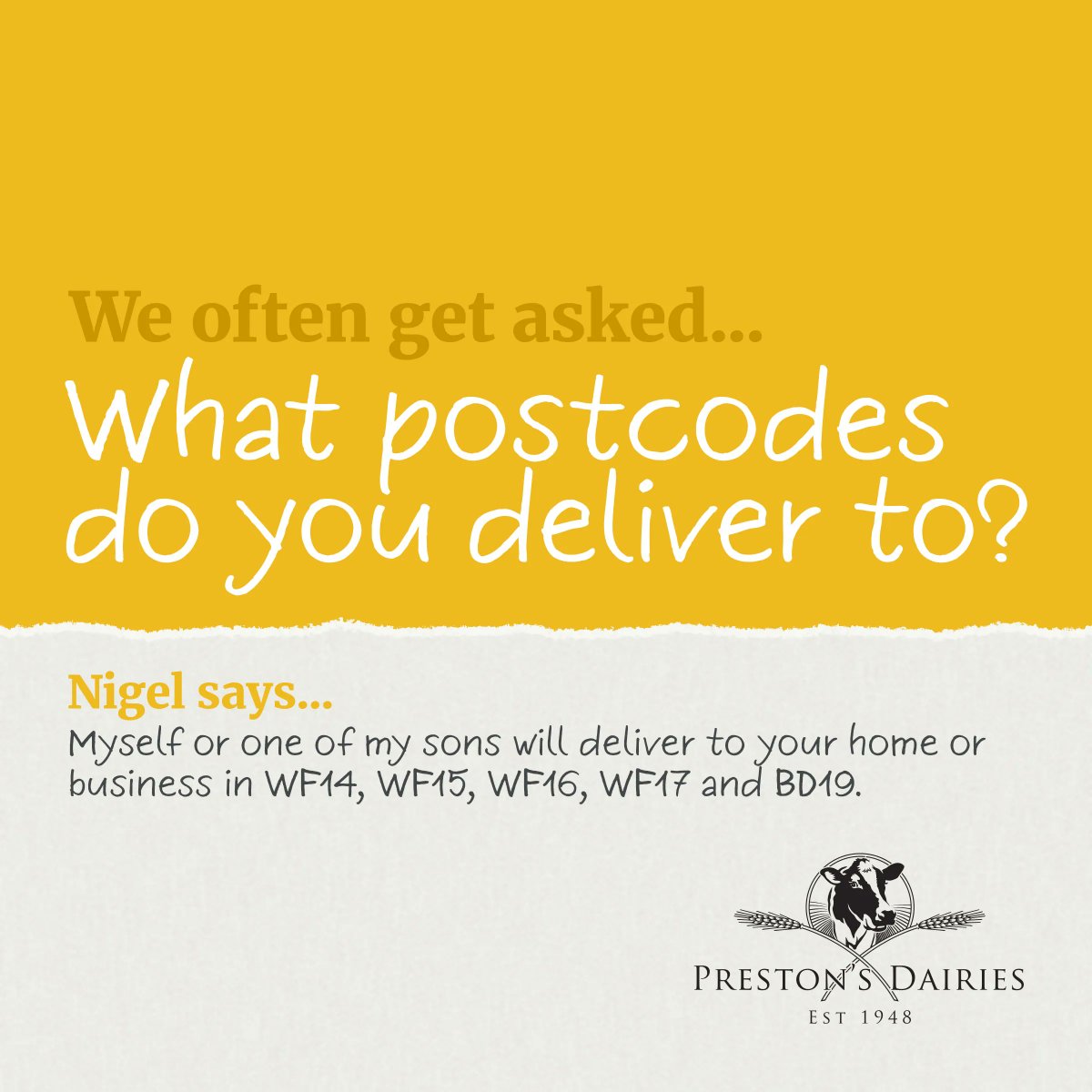 What postcodes do you deliver to? 🗺 We deliver to WF14, WF15, WF16, WF17 and BD19. #HumpDay #WellnessWednesday #WackyWednesday #Milkman #DairyDelivery #LocallySourced #SupportLocal #MilkDelivery #SustainableLiving #ReduceWaste #HealthyLifestyle #Cleckheaton #Mirfield #Gomersal