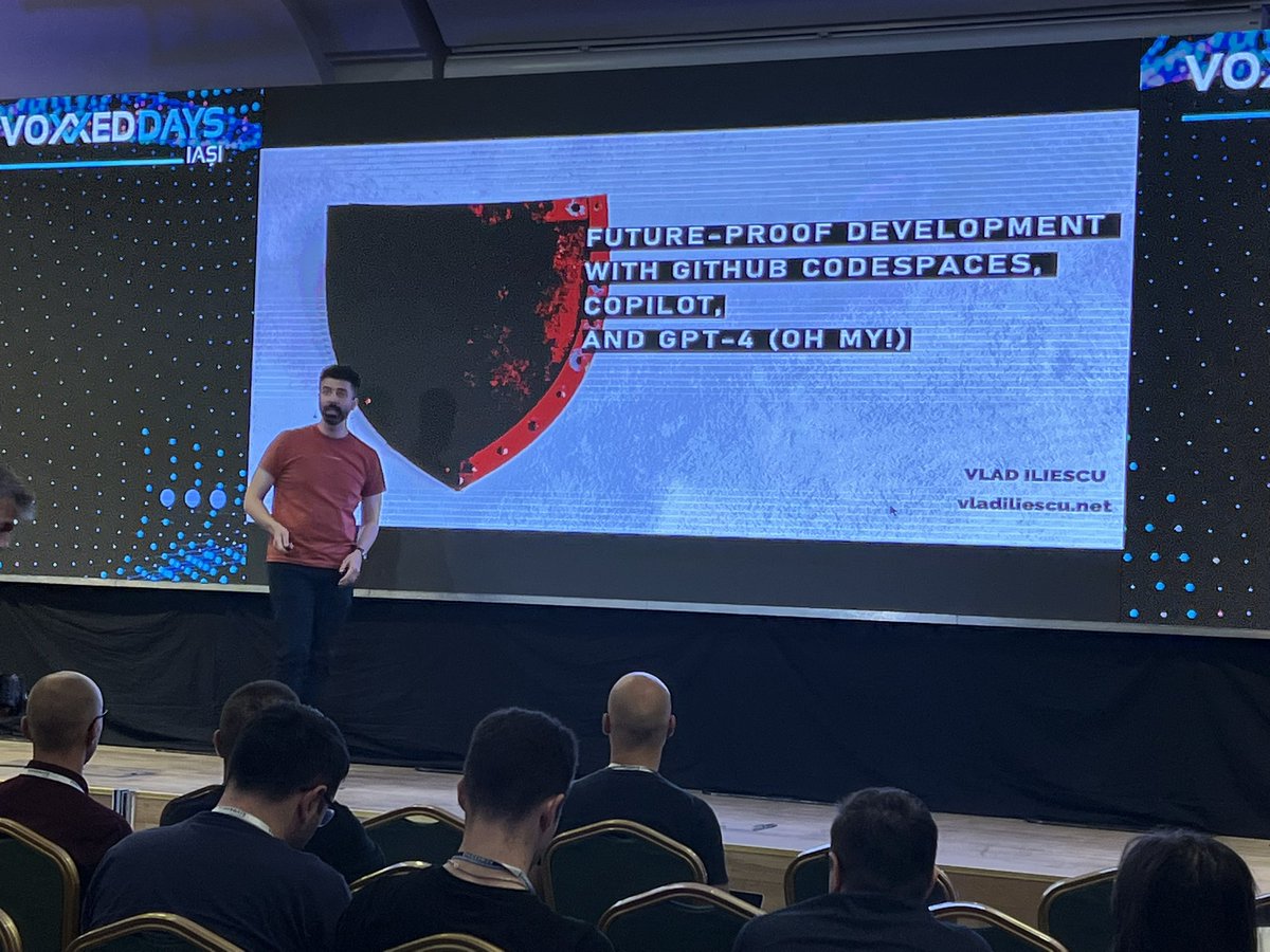 VoxxedIasi's tweet image. And we have reached the last keynote of @VoxxedIasi! Let&apos;s delve into the world of cutting-edge software development tools like GitHub Codespaces, GitHub Copilot, and GPT-4 together with @vladiliescu! #itisfun