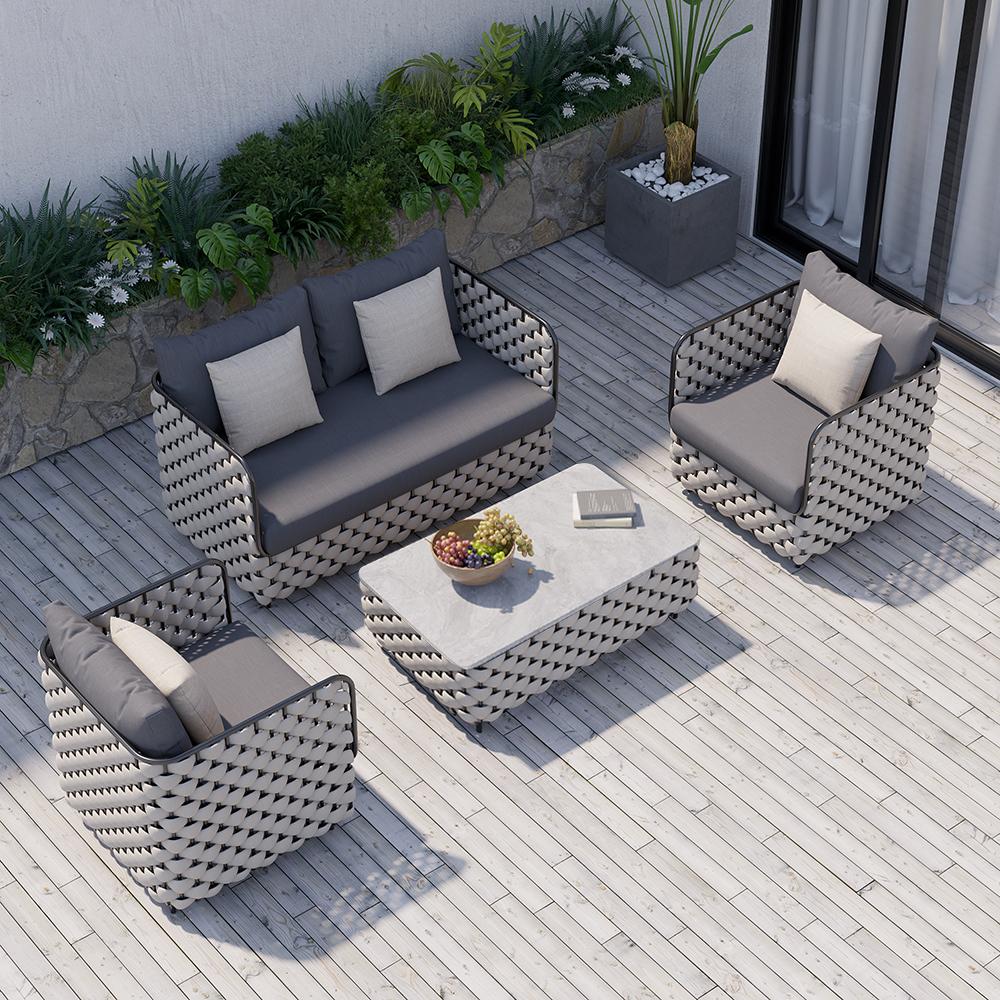 Relax in Comfort: Experience ultimate relaxation with our comfortable outdoor sofa set. Its aluminum and rope construction offers durability and style. #OutdoorRelaxation #ComfortZone