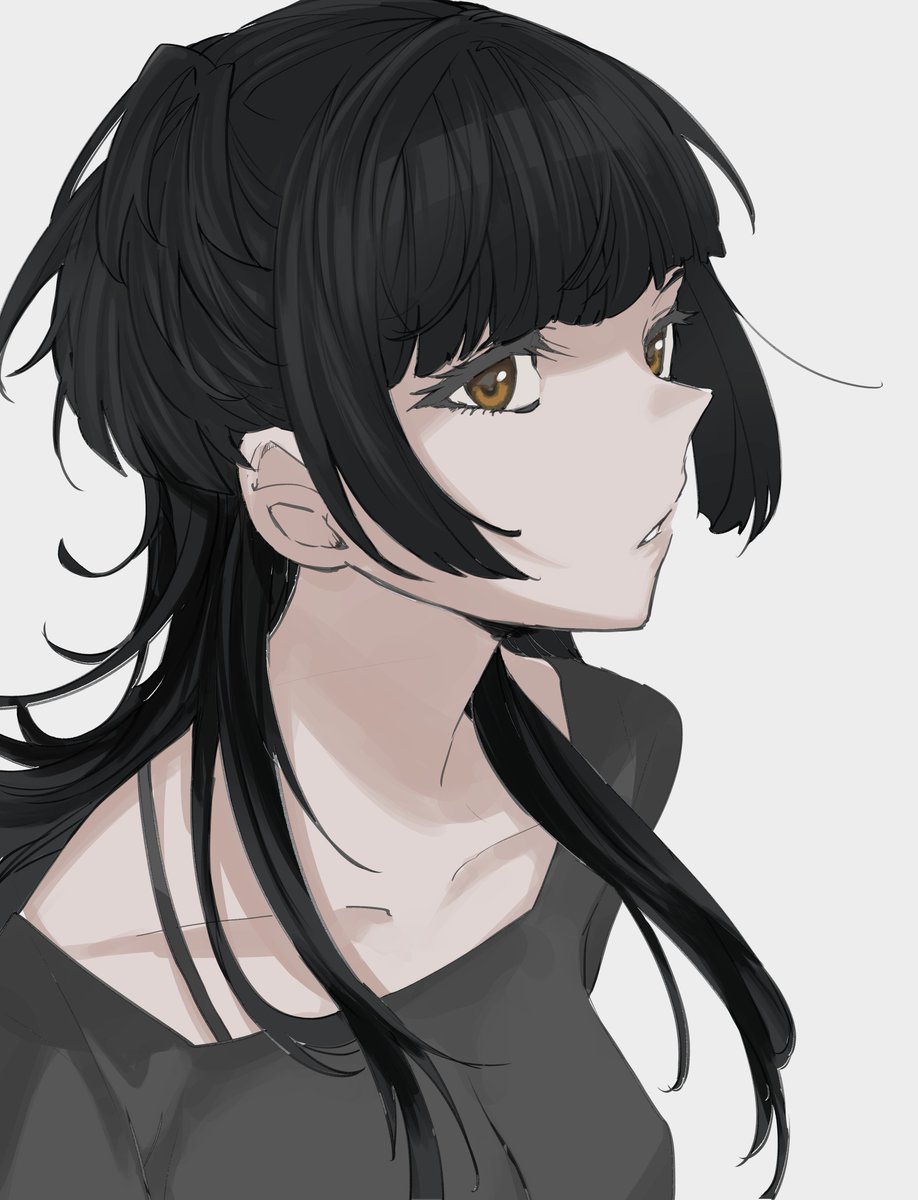 mayuzumi fuyuko 1girl solo black hair simple background shirt bangs long hair  illustration images