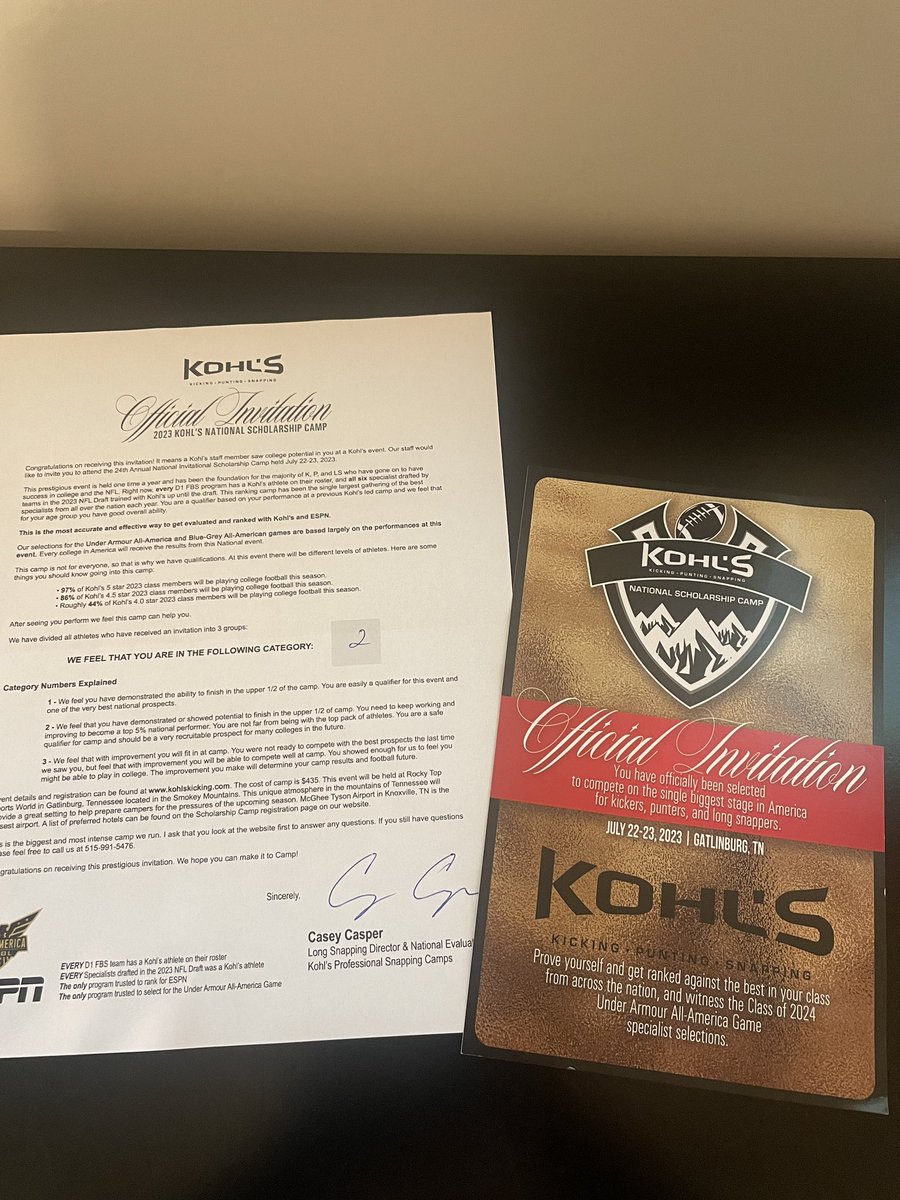 Collin71228249's tweet photo. Proud to say I got an invitation to @KohlsSnapping national scholarship camp, exited to go out and compete!
@THS_FB @806hsscmedia https://t.co/Trm1oNFe6l