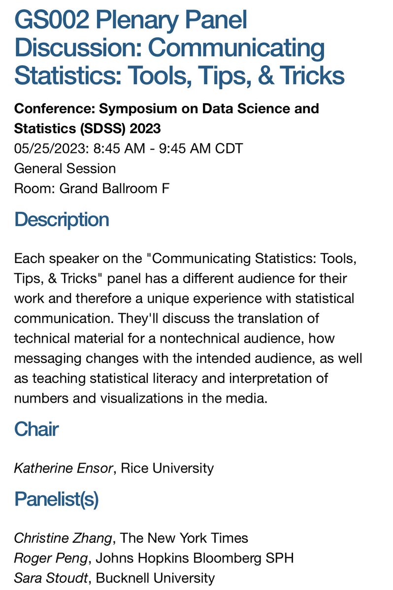 headed to St. Louis for #SDSS2023, the Symposium on Data Science & Statistics! first time I’m going to this … excited to meet everyone @AmstatNews 🤓🤓🤓 if you’re there, check out our panel, organized by @emdodwell, on communicating statistics ⚡️ @sastoudt @rdpeng @ensorkb