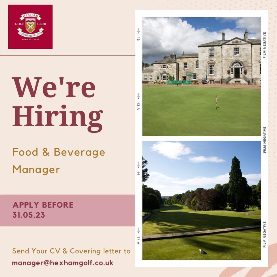 7 days until closing.   We are recruiting for a food and beverage manager, on site accommodation available.    More information ow.ly/BVrN50OvB4O #jobs #hospitalityjons #hexham #northeastjobs #hexhamjobs #northumberlandjobs #managmentjobs #liveinjobs #golfjobs #membersclub