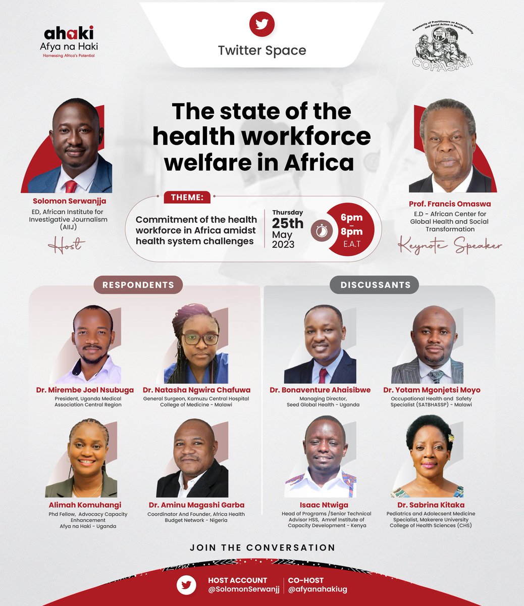 As a regional convener in the Health, Human Rights & SRHR arena, Ahaki deems it necessary & timely to engage multi-stakeholders to comprehensively deliberate on how to address systemic issues affecting the #HealthWorkforce in Africa.
Don't miss the space!
This Thursday, 6PM EAT.