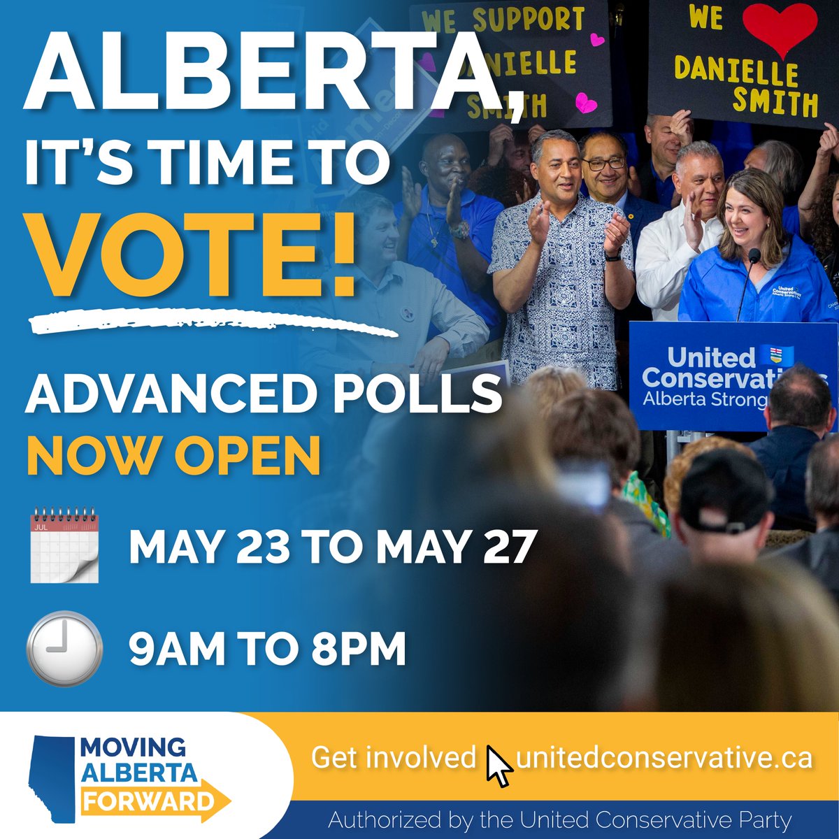 It's time to vote!
You can vote right now, at ANY advanced poll location across the province.
For a location of an advanced poll, click here:
map.elections.ab.ca

#abpoli #abvotes #teamUCP