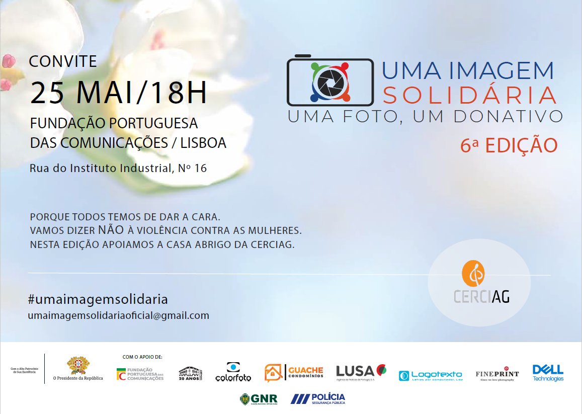 A iniciativa "Uma Imagem Solidária” regressa à Fundação, esta quinta-feira, 25 de maio, a partir das 18h. 

Compre uma das 80 fotografias em exposição e apoie a Cerciag, uma associação que acolhe mulheres vítimas de violência. 

Saiba mais, em: fpc.pt/pt/6a-edicao-u…