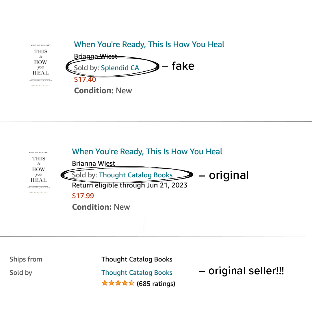 Counterfeit copies of <a href="/briannawiest/">Brianna Wiest</a>'s books have also been detected, particularly with 'The Mountain Is You' and 'This Is How You Heal'. If you purchased these titles from <a href="/amazon/">Amazon</a> in May, we recommend you verify that they are not counterfeit copies.

If they aren't authentic,