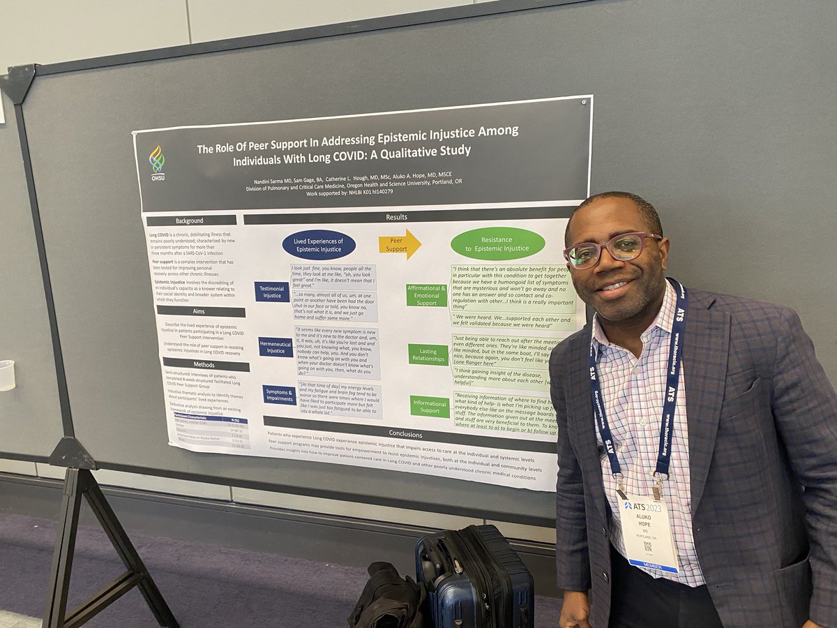 Dr. Aluko Hope presenting on role of peer support in addressing epistemic injustice in #LongCOVID @hopealuko #ATS2023 @atscommunity