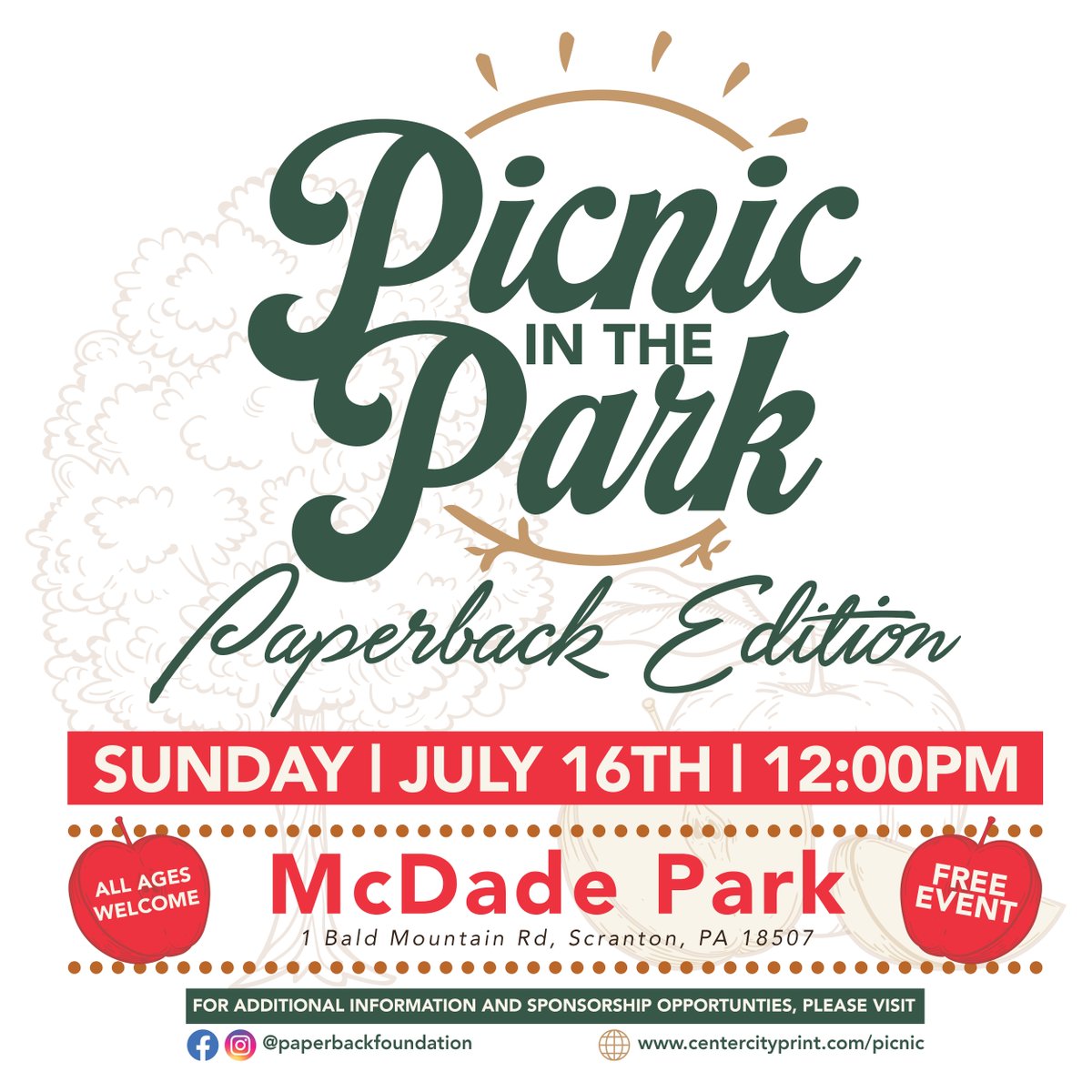 CenterCityPrint's tweet photo. 🌳 Join us Sunday, July 16th as we celebrate "Picnic in the Park: Paperback Edition" at McDade Park in Scranton. Sponsorships are going fast! Click the link in our bio and show our community your support for all things green in NEPA #PicnicinthePark #eventsponsorship #outdoors https://t.co/0UQeSuGL6x