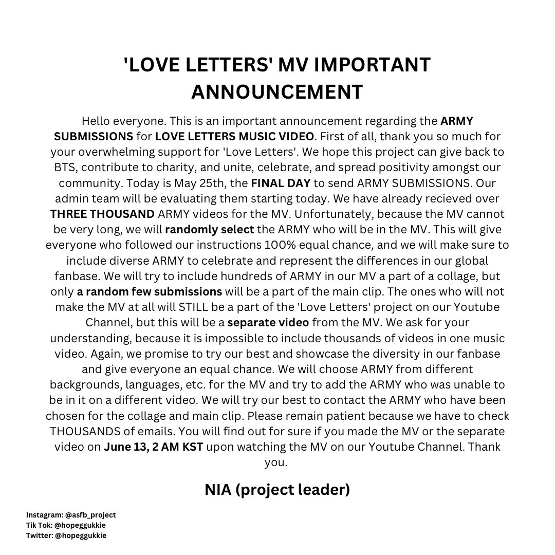 [ARMYs Song For BTS 2023: ANNOUNCEMENT Regarding ‘Love Letters’ MV]

We ask for your understanding. Thank you to the thousands of ARMY who sent us a video. We will evaluate them equally, and create a separate video alongside the MV.

#ARMYsSongForBTS2023
#LoveLettersByARMY
