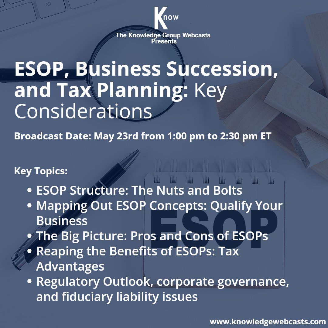 KnowGroupCLECPE's tweet image. Yesterday, David R. Johanson (@HawkinsParnell) and Michelle Buckley, CPA, AIFA (@MeadenMoore) presented on our “ESOP, Business Succession, and Tax Planning” webcast.

Access the discounted recording here: zurl.co/oBMH

#ESOP #EmployeeBenefits #CLEwebcast #tkg