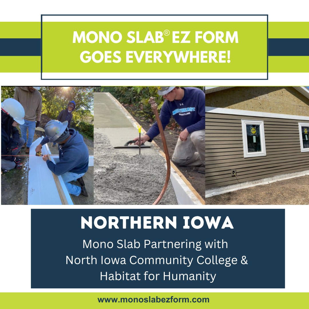 monoslabezform's tweet image. Exciting news! Mono Slab is partnering with North Iowa Community College and Habitat for Humanity. Stay tuned for updates on our collaboration. #MonoSlab #NICC #HabitatForHumanity #Partnership