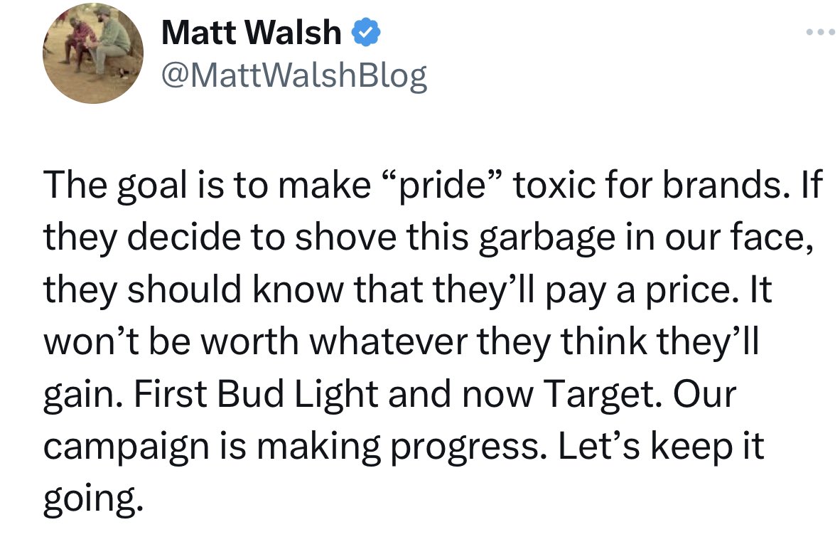 Just like Rufo admitting “CRT” was a political game, here’s Nashville resident Matt Walsh giving the Pride game away… they will not stop, especially with TN legislators/brands caving to them at every turn… But they are on the wrong side of history.