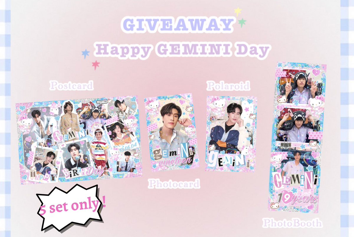 mayzer0ne's tweet photo. * Pls kindly rt 🍒

✿ 𝓖iveaway GEMINI dae ✿

-Postcard 1 ea
-Photocard 1 ea
-Polaroid 1 ea
-PhotoBooth 1 ea

⭐️ 5 set only !
form :  11 / 06 , 21:00
free shipping 

design : #ปลาบู่บุ๋งๆรับงาน 

 #Gemini19thBDProject  #Gemini_NT https://t.co/vPTx9C2bk8