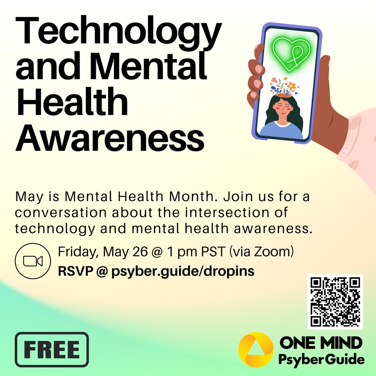 Join us on Friday, May 26th from 1-2 pm PST for a conversation about mental health, hosted by John Bunyi. Digital Drop-Ins are virtual events where people come together to learn about and connect around digital mental health. 

Use this link to RSVP: psyber.guide/dropins