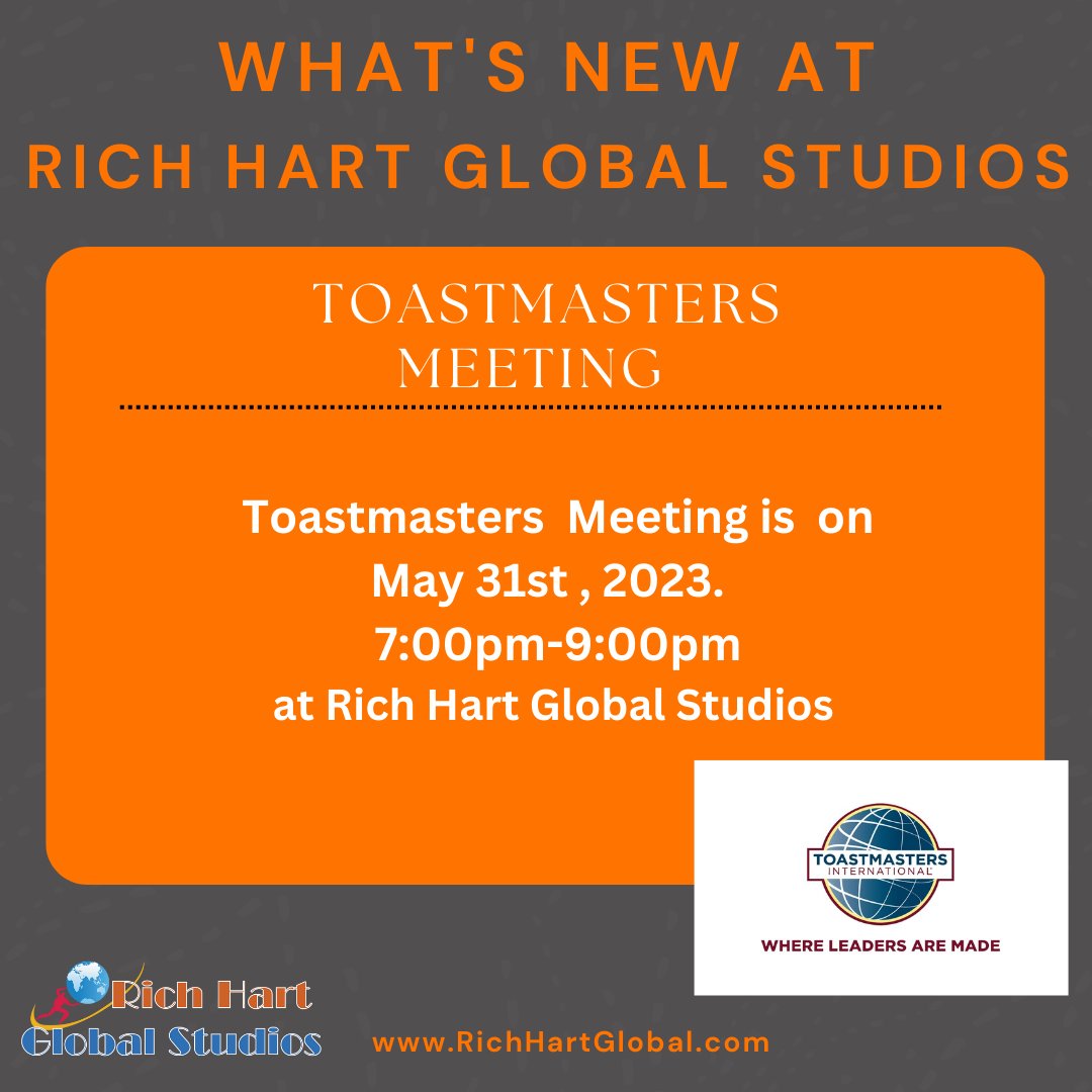 Toastmasters Meeting is on May 31st, 2023 At 7:00pm-9:00pm! See you guys next Wednesday!!!!

#presidentsclubtoastmasterofeastcobb #eastcobbspeaking #speakingskills #richhart #richhartglobalstudios #atlantaeventspace