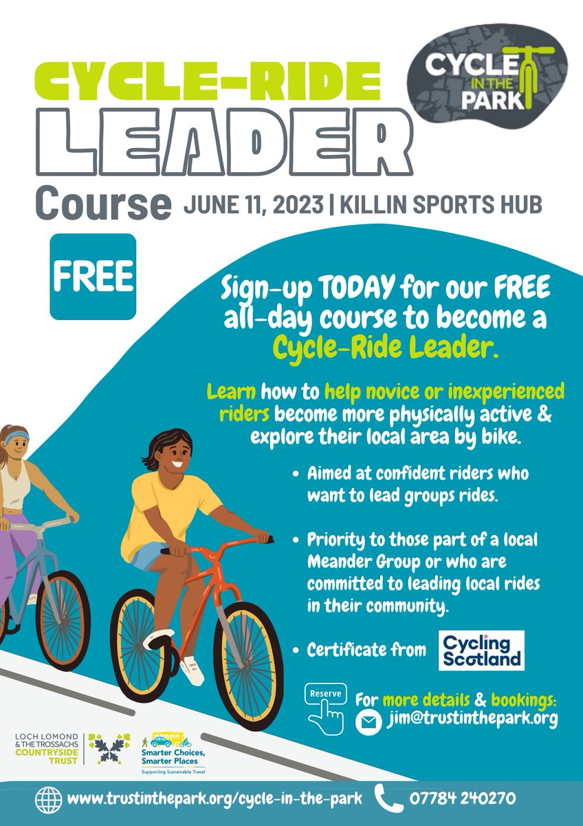 🚴‍♀️Would you like to share your love + knowledge of cycling with others in your community?

Are you keen to help out with regular social cycling activities in your area?

Sign up for our FREE Cycle Ride Leader Course📩Jim@trustinthepark.org 

<a href="/ourlivepark/">LIVE Park</a> <a href="/PathsforAll/">Paths For All</a> <a href="/KillinInfo/">Killin.info</a>