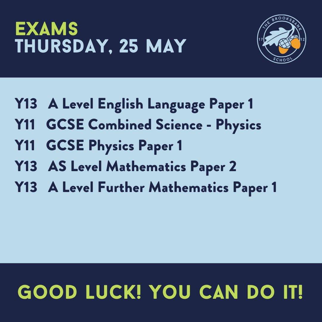 Here's a list of exams scheduled for tomorrow @thebrooksbank #spiritofbbs
Best of luck, everyone 💙👍