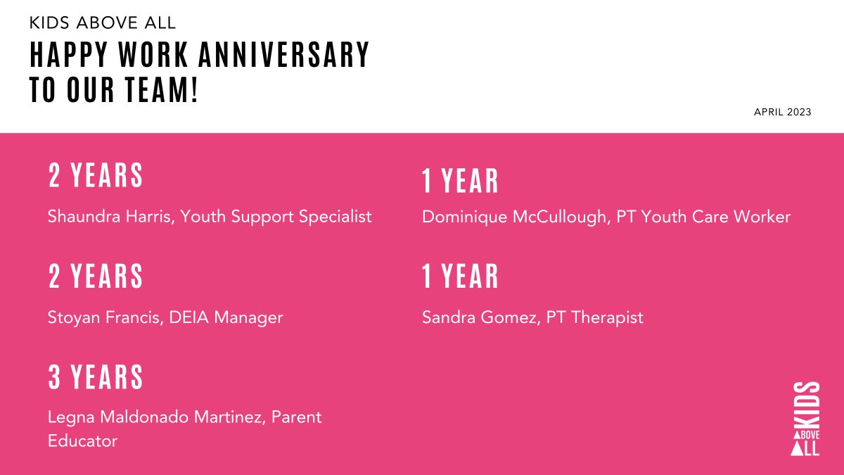 Kids Above All would like to congratulate all of our team members with April work anniversaries! We're grateful for everyone's hard work and dedication to helping our kids and families step up to reach their full potential!

#workanniversary #workanniversaries #teammember #team