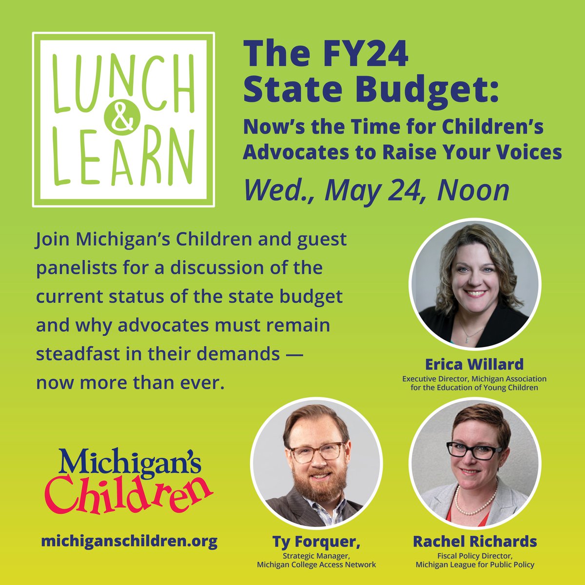 Join us today at 12, for this month's Lunch and Learn. As we discuss with a panel of experts why now's the time for Children's Advocates to raise our voices.
Register here: tinyurl.com/3z8yk9rb