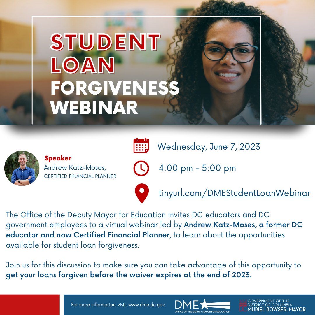 Calling DC educators and residents! Join DME for a special Student Loan Forgiveness Webinar. 

Learn about how you can take advantage of these special opportunities before they expire this year.

📅 June 7
🕓 4:00 pm
🔗 tinyurl.com/DMEStudentLoan…