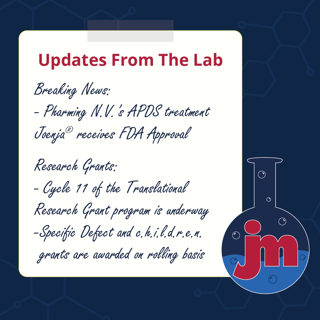 Updates From The Lab 🧪 May 2023

Breaking News 📰 <a href="/US_FDA/">U.S. FDA</a> approved Joenja® - <a href="/PharmingGroupNV/">Pharming Group NV</a> treatment for APDS in adults &amp; adolescents age 12+ in the USA 🎉
⁠
Learn more about this fantastic milestone for those living with APDS, research grants &amp; more: info4pi.org/internet-cafe/…
