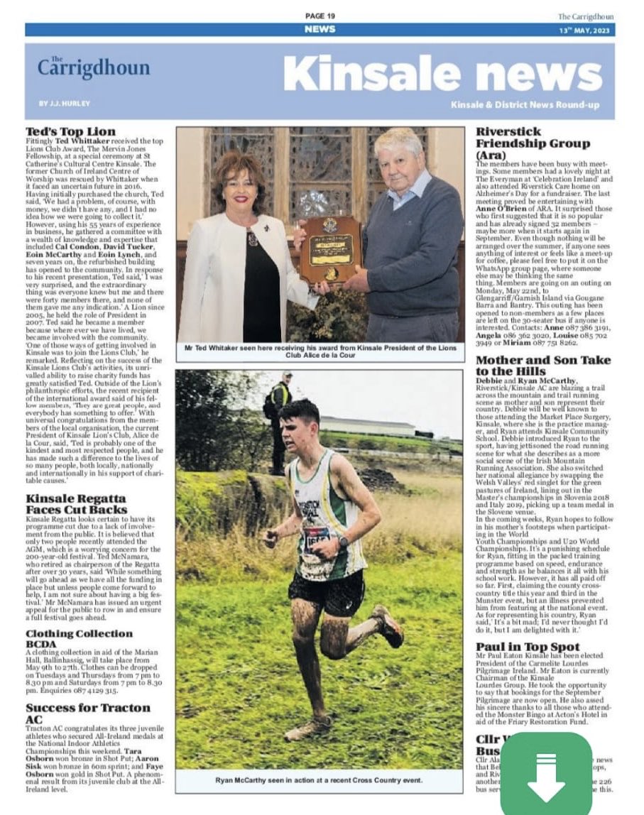 kinsalegp's tweet photo. Best of luck to Ryan McCarthy, following in his mother, Debbie’s footsteps, representing Ireland in the World Mountain Running Championships in Annecy, France this weekend - from all in Market Place https://t.co/rtCwBmYwQe