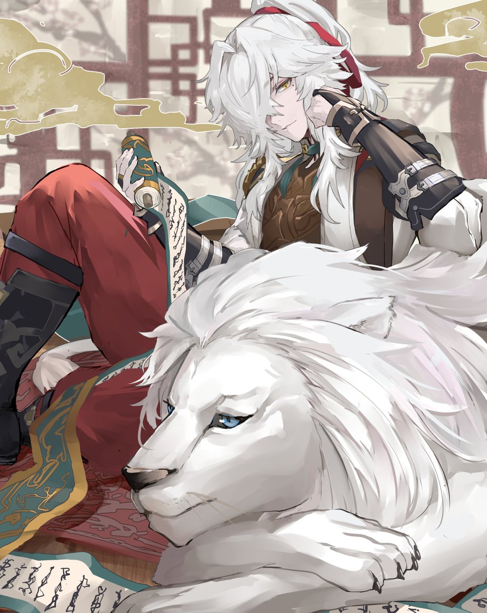 scroll 1boy white hair male focus red pants yellow eyes sitting  illustration images