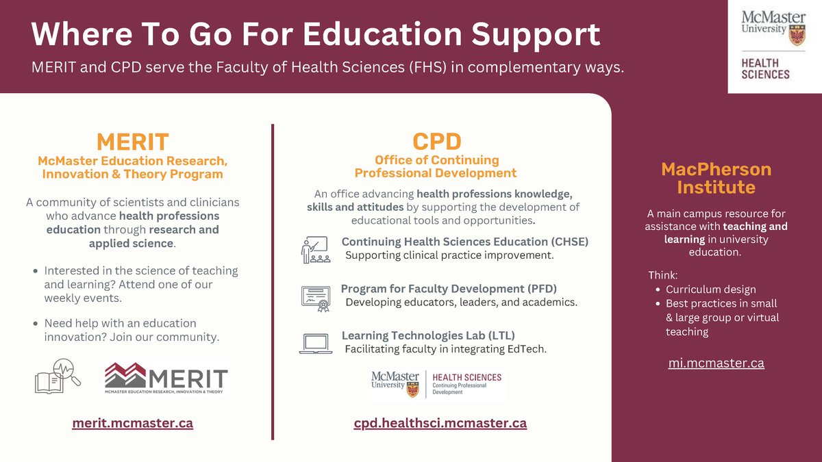 McMaster Education Research, Innovation & Theory (@merit_mcmaster) on Twitter photo Are you a McMaster researcher in the Faculty of Health Sciences? Check out the many resources available to you! <a href="/machealthsci/">McMaster Health Sciences</a> @McMasterCHSE <a href="/MacPFD/">Mac Prog for FacDev</a> @macLTL <a href="/McMaster_MI/">MacPherson Institute</a> Are you a McMaster researcher in the Faculty of Health Sciences? Check out the many resources available to you! <a href="/machealthsci/">McMaster Health Sciences</a> @McMasterCHSE <a href="/MacPFD/">Mac Prog for FacDev</a> @macLTL <a href="/McMaster_MI/">MacPherson Institute</a>