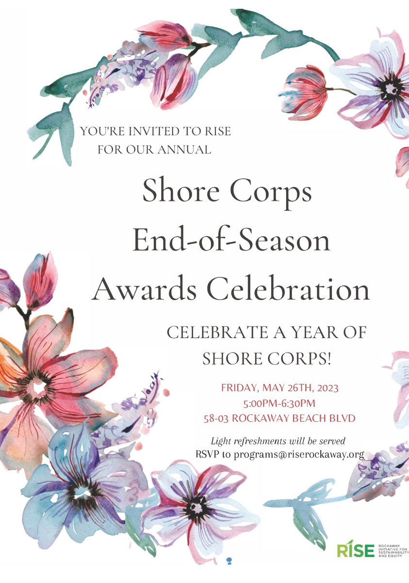 Join us for our Shore Corps end-of-season awards celebration this Friday, May 26th from 5pm-6:30pm! 🎉

We are so proud of all our students that have completed this program and are excited to celebrate with you all!

RSVP to programs@riserockaway.org.