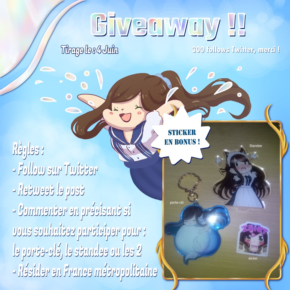 🎊GIVEAWAY 🎊
Tirage : 4 Juin

A l'occasion des 300 followers sur Twitter, un giveaway est organisé afin de gagner un standee et porte-clé (avec sticker en bonus pour les 2) !

Régles : 
👤 Follow
🔁 Retweet
💬 Commenter votre participation
🇫🇷 Résider en France

#vtuberfr