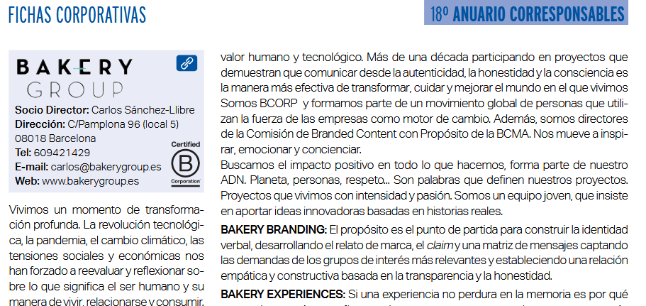 El propósito de @bakerygroup es generar impacto #social positivo. Su manera de trabajar y enfocar los proyectos pone en primer plano a las personas, la necesidad de cambiar la manera de ver y entender el planeta. En el #AnuarioCorresponsables2023 👉 bit.ly/3lQwot1