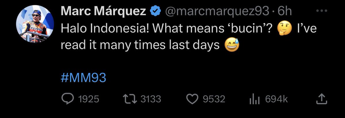 marcmarquez93's tweet image. Terima kasih Indonesia! I understand now what 'bucin' means... 😊🫶🏼