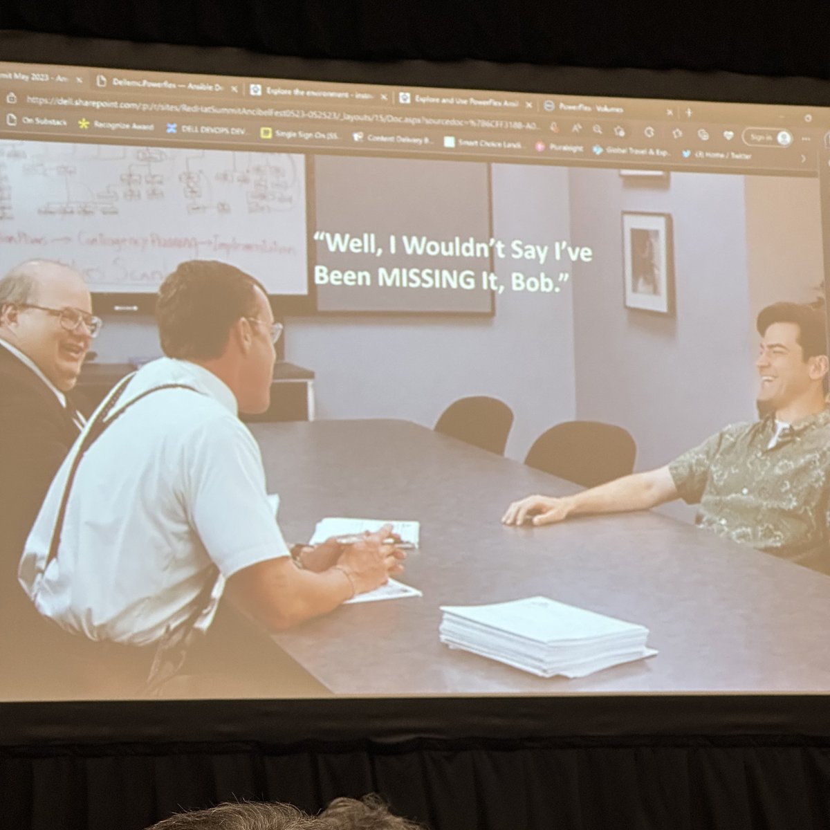 Im attending a session by the @dell DevOps team at #RHSummit / #AnsibleFest and their entire presentation is just Office Space memes. Bravo 👏👏👏