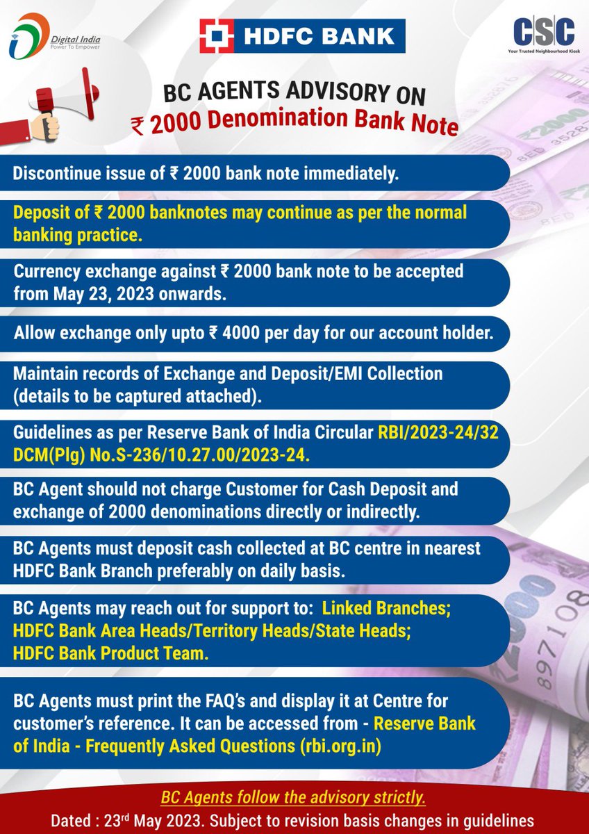 CSCegov_'s tweet photo. Attn. CSC HDFC Bank BC Agent!

Please follow the advisory on exchanging and accepting of deposits in Rs. 2000 denomination notes.

#banking #DigitalIndia #HDFCBANK  #financial #money #Awareness 
@BiharCsc @CSCMaharashtra @CSCTamilNadu @CSCTripura @CSCTelangana @CSCGujarat https://t.co/CRFQaODrsO