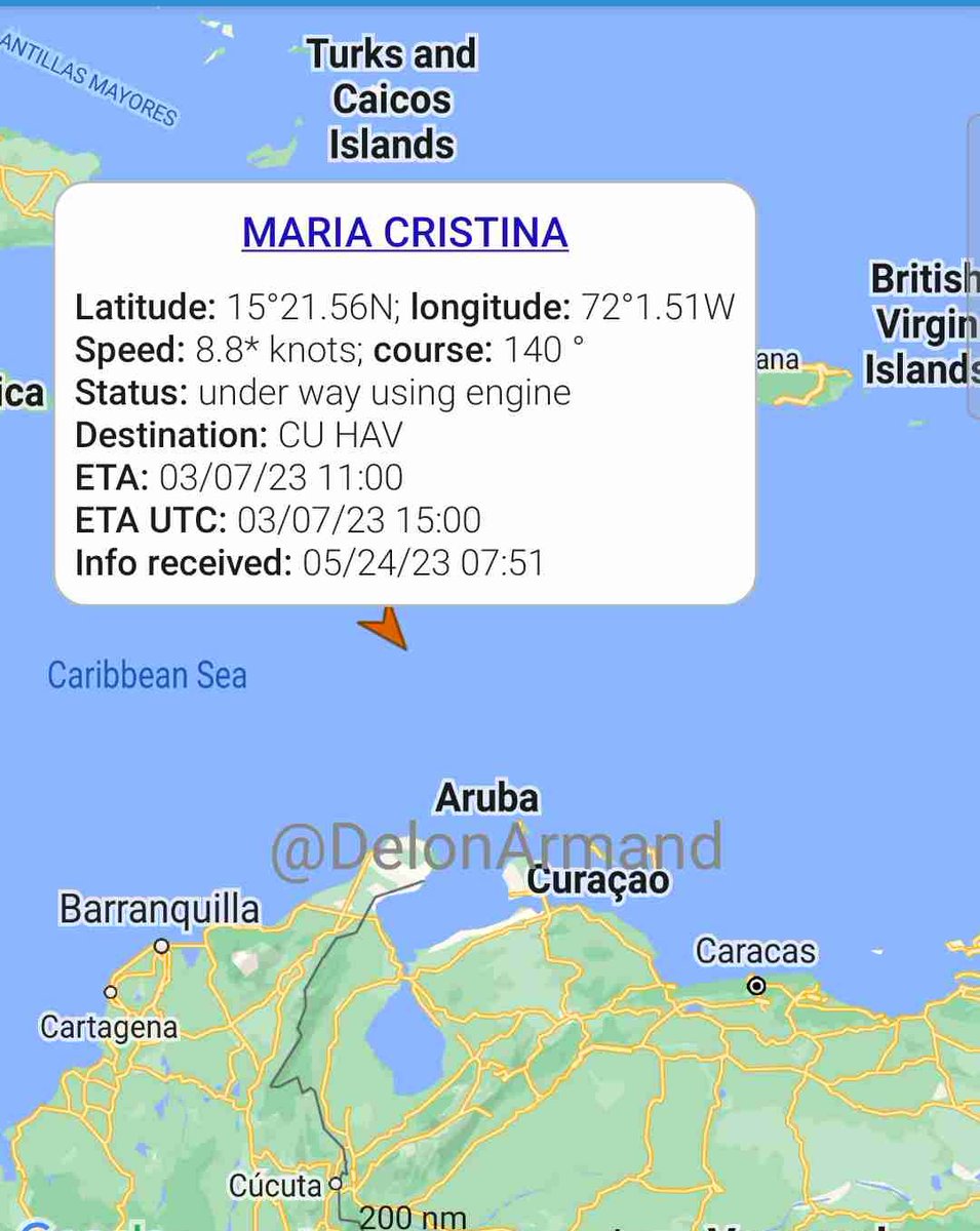 Maria Cristina a Cuban tanker arrived at Amuay Anch, Venezuela from Matanzas, Cuba, also, María Cristina another Cuban tanker is en route to Venezuela probably Puerto La Cruz, they both will load fuels for Cubametales a military company of the Cuban communist party
#24Mayo #oott