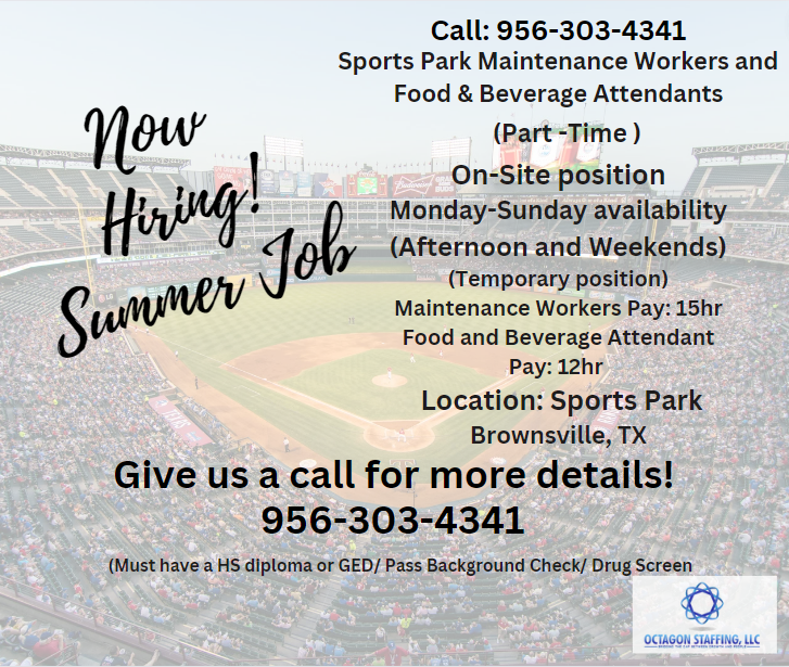 OctagonHr's tweet photo. Looking for a Summer Job?  We're hiring, give us a call!
#Jobs #RGV #brownsvilletx https://t.co/w5qIFh8D4C