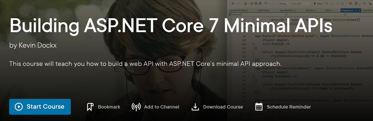 KevinDockx's tweet image. Very happy to announce that my latest (and much-requested :)) @pluralsight course, &quot;Building ASP.NET Core 7 Minimal APIs&quot;, went live! app.pluralsight.com/library/course… #minimalapi #aspnetcore

Enjoy! :)