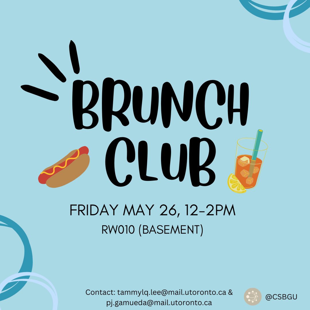 CSBGSU's tweet photo. The CSBGU will be hosting brunch club on Friday, May 26 (12-2PM) in RW010!

On the menu: hotdogs, chips, and homemade iced tea. Regular hotdogs contain Chicken and Pork. Vegan option is available. 

First come, first served—one hotdog per person! See you there 🌭🤩✨ https://t.co/P26R8rOKYP