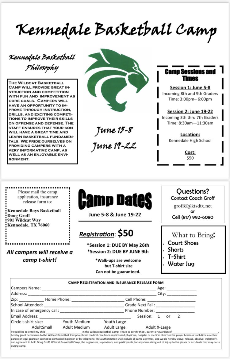 Kennedale Basketball (@basketballatkhs) on Twitter photo It’s about that time!
Wildcat Basketball Camp form is attached!
Get signed up & let’s have some fun & do some work!
#160>271
<a href="/KennedaleISD/">Kennedale ISD</a> <a href="/urkhsprincipal/">Kennedale HS</a> It’s about that time!
Wildcat Basketball Camp form is attached!
Get signed up & let’s have some fun & do some work!
#160>271
<a href="/KennedaleISD/">Kennedale ISD</a> <a href="/urkhsprincipal/">Kennedale HS</a>