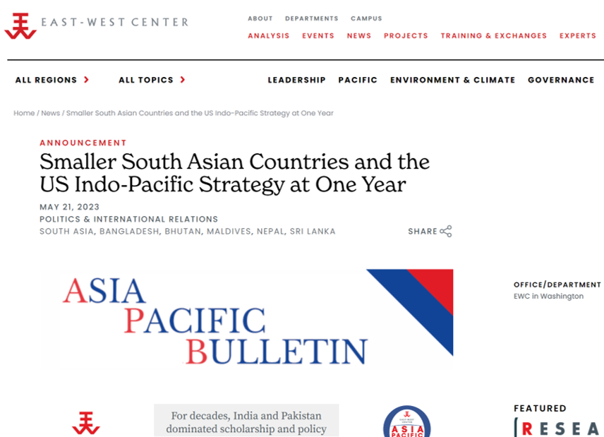 I'm delighted to share a new @EWCinWashington series w/experts from #Bangladesh #Bhutan #Maldives #Nepal #SriLanka on the #IndoPacificStrategy at 1 Year: @pandeyavasna @Kuthibari @RangaJayasuriya @DidRasheeda @gopibhutan, & me on #SmallerSouthAsian states eastwestcenter.org/ZkT