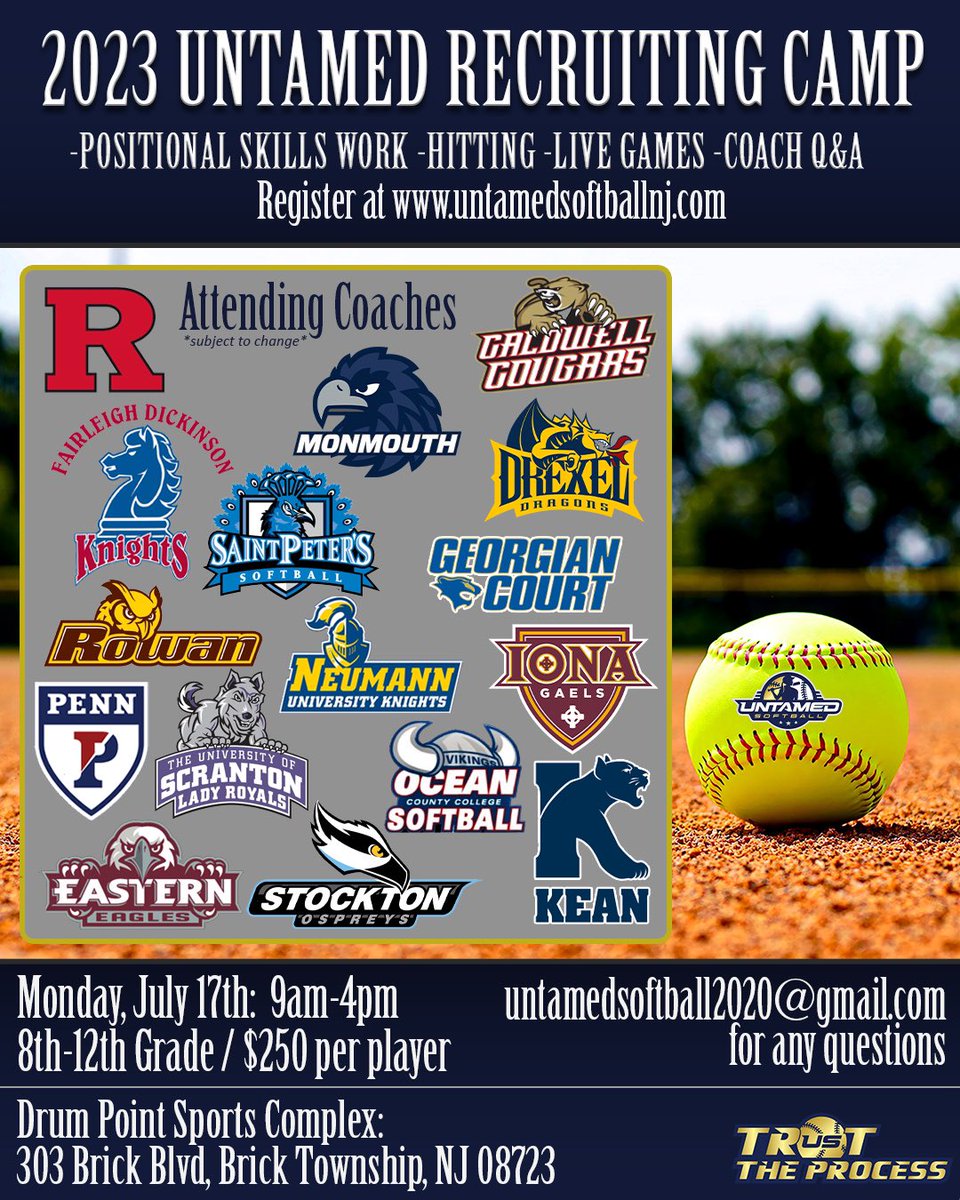 Untamed Softball is proud to announce our recruiting camp this summer! Come showcase your skills to our amazing lineup of college coaches. Positional defense, hitting & live games! Go to our website or click the link in our bio to register. This event has limited spots.