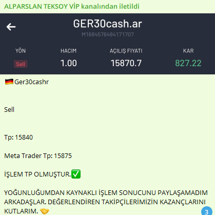 Bugün vip kanalımızda fazla işlem paylaşmasakta en azıdan analizler kapsamında gördüğümüz fırsatları elimizden geldiği kadar kaçırmamaya özen gösteriyoruz. 

#Ger30  / #DAX30  sinyalimiz 1 lot hacimde  827 #dolar kazanç sağlamıştır. 

İşlemler ve analizler telegram grubumuzdan…